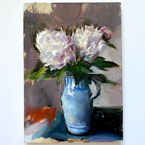 Original Floral Still Life Painting; Peonies in a Vintage Denby Pottery Jug