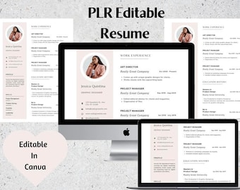 May include: A pink and white resume template with a photo placeholder, editable in Canva. The template features a professional design with a modern font and a clean layout. The text includes "PLR Editable Resume" and "Work Experience".