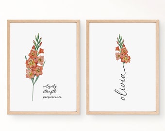 Impresión de nombre personalizado con flores de nacimiento, impresiones digitales artísticas, flores del mes de nacimiento de agosto, regalo de cumpleaños personalizado para un amigo, regalo de amistad, gladiolo