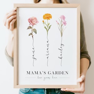 Arte de flores de nacimiento del jardín de la abuela, regalo familiar personalizado para mamá, ramo de flores de nacimiento con los nombres de los nietos, arte de pared imprimible con flores