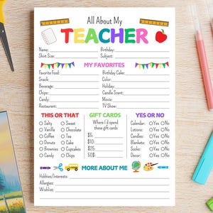 All About My Teacher Editable Questionnaire Teacher Survey Get to Know My Teacher Favorite Things Teacher Printable PDF Teacher Appreciation