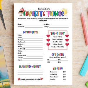 Teacher Favorite Things Questionnaire Printable Teacher Survey Template Teacher Appreciation Get to Know My Teacher All About My Teacher Art