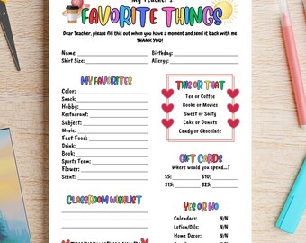 Teacher Favorite Things Questionnaire Printable Teacher Survey Template Teacher Appreciation Get to Know My Teacher All About My Teacher Art