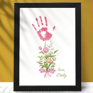 Fête des mères, empreinte de main, création artistique, carte d'anniversaire pour la fête des grands-mères, fleurs de remerciement, bouquet floral, cadeau à faire soi-même, enfant, bébé, PDF imprimable