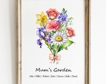 Impressão personalizada de buquê de flores de nascimento, presente personalizado para o Dia dos Avós, lembrança para a vovó, aniversário ou para guardar de recordação.