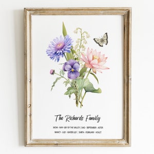 Birth Flower Family Bouquet Custom Digital Print Personalized Gift Grandma&#39;s Garden Antique Home Art Grandmother Gift Floral Family Portrait