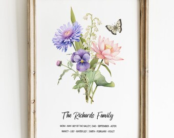 Custom Birth Flower Family Bouquet Personalized Grandmas Garden Print With Names Grandparents Day Gift