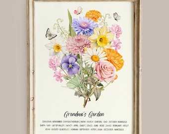 Stampa del giardino della nonna, bouquet di fiori di nascita personalizzato, regalo di famiglia personalizzato per la mamma, regalo di compleanno per la nonna, stampa di fiori per il mese di nascita della famiglia