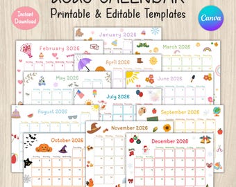 May include: A collection of printable and editable 2026 calendars, each with a unique seasonal theme. The calendars are arranged in a stack, with months like January, February, and December visible. The design includes decorative elements and the text "2026 CALENDAR".