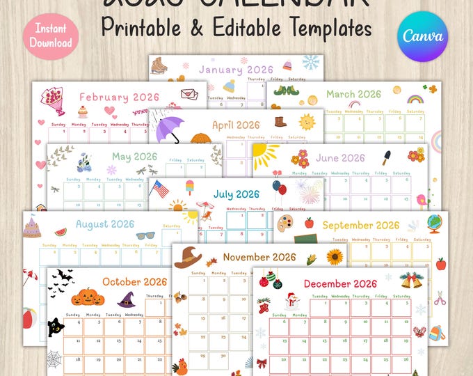 Cute Printable 2026 Monthly Wall Calendar With Holidays, Kids School ...