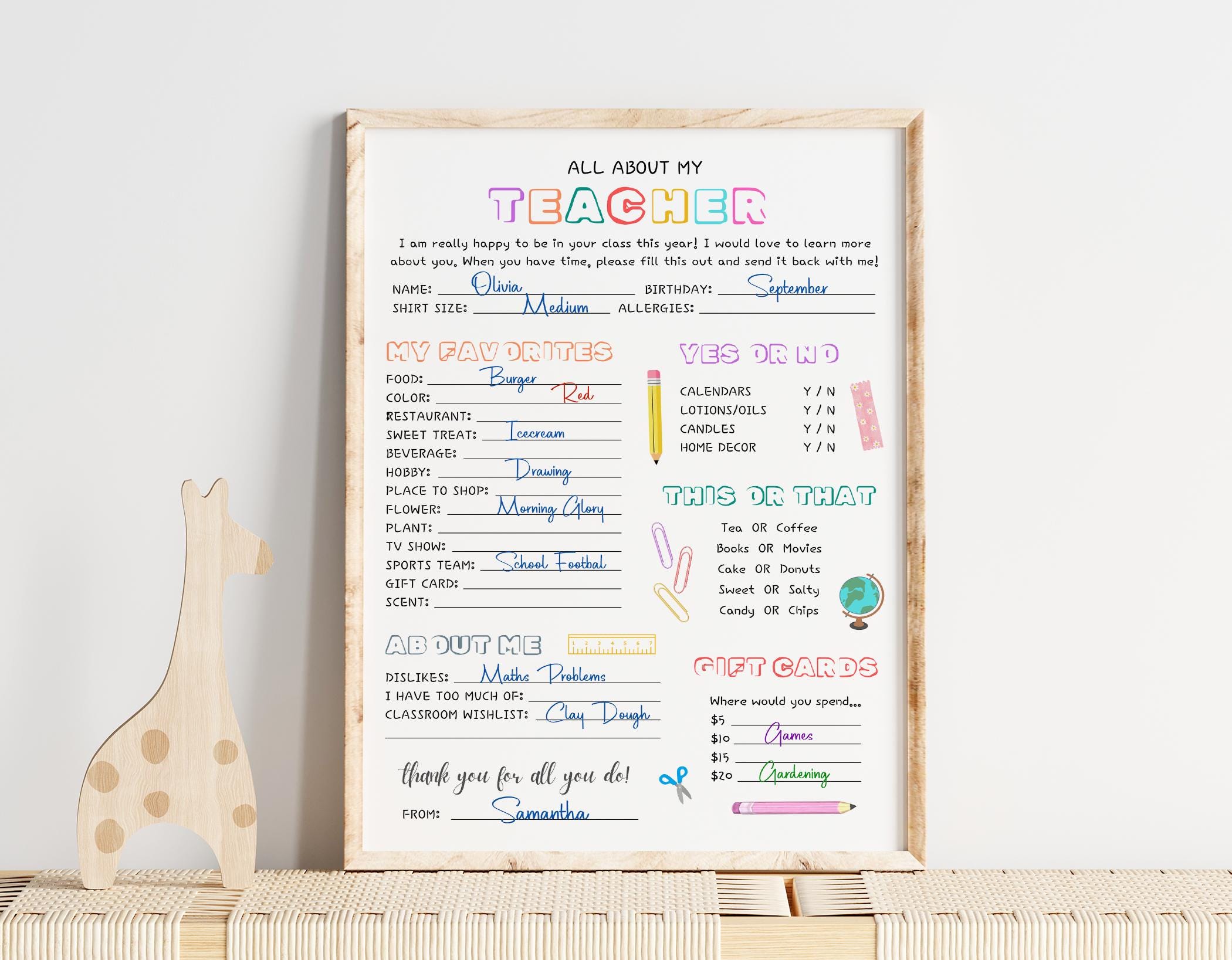 All About My Teacher Favorite Things First Day of School Get to Know ...