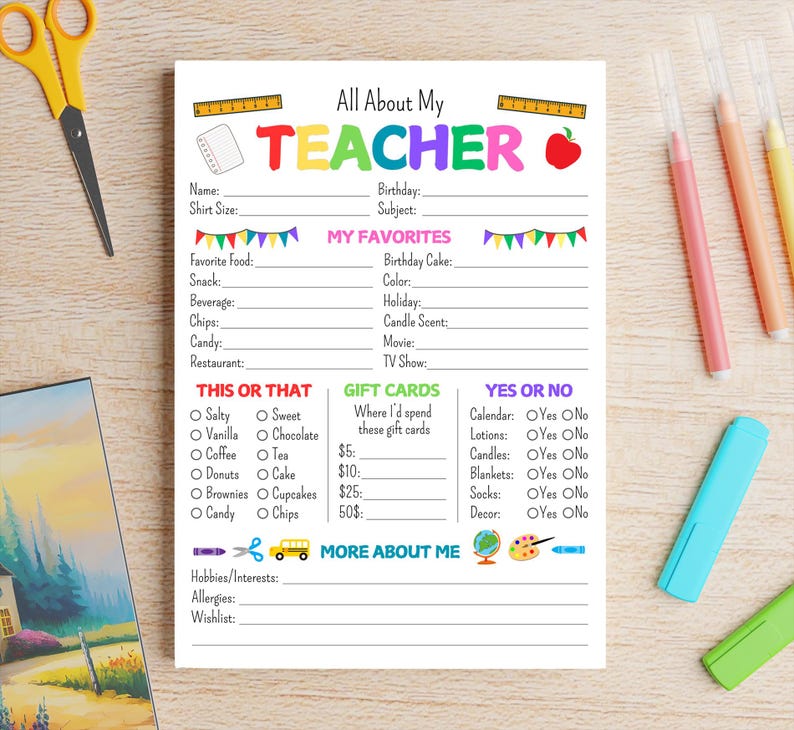 All About My Teacher Questionnaire, Printable Teacher Appreciation Gift ...