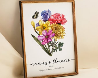 Custom Birth Flower Bouquet Art, Personalized Birthday Gift (Digital Download)