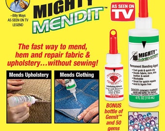 Mighty Mendit Fabric Bonding Agent, 4 oz. with Gemit Bottle and 50 Gems