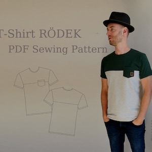 Pode incluir: Um padrão de costura PDF para uma camiseta chamada "Rödek". O padrão inclui duas vistas da camiseta, uma com bolso e outra sem. O padrão é para uma camiseta simples e casual.