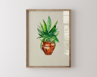 Watercolour Painting Print of Exotic Plant in Pot, Botanical Artwork, Mediterranean Home Decor, Foliage Art Print