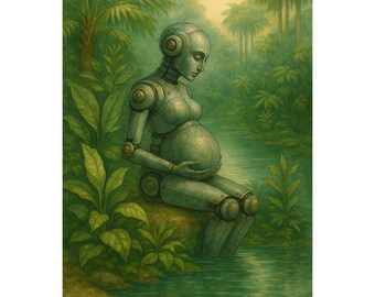 Pregnant Robot Watercolor Print | Dystopian AI Art | Surreal Botanical Sci-Fi Poster | Futuristic Feminine Wall Decor