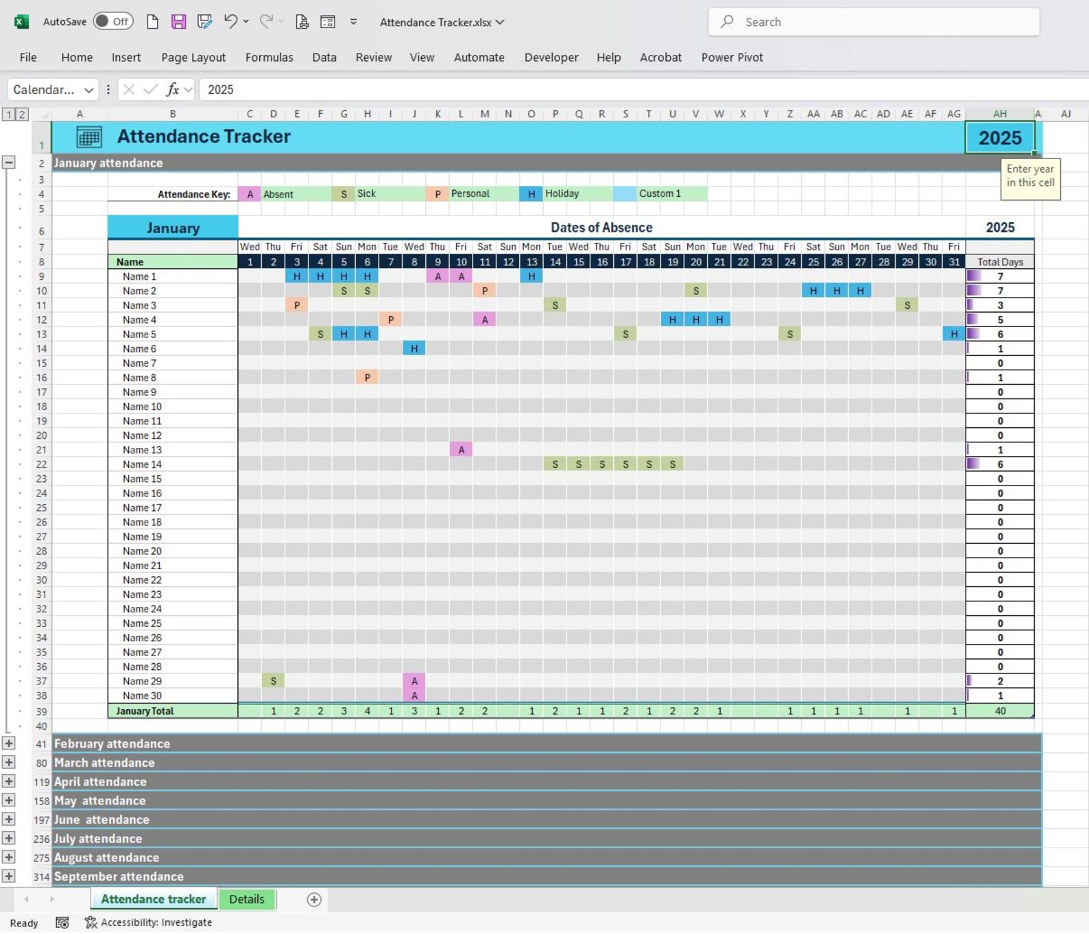 Attendance & Absence Tracker - Excel Template (digital Download) - Etsy
