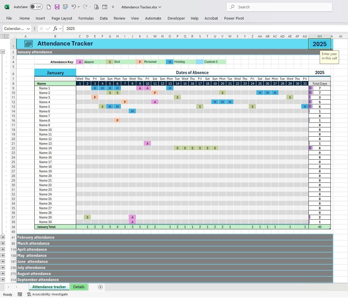 Attendance & Absence Tracker - Excel Template (digital Download) - Etsy