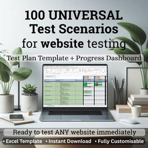 Plantilla de plan de pruebas + 100 escenarios de prueba universales para sitios web + Panel de progreso / Descarga digital en Excel