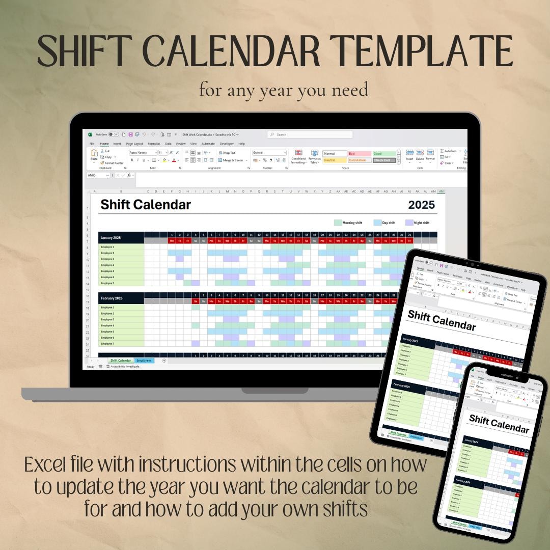 Shift Work Calendar Template Editable Excel File for Business