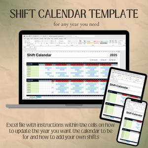 Può includere: Un laptop, un tablet e uno smartphone che mostrano un foglio di calcolo con un modello di calendario dei turni per l'anno 2025. Il foglio di calcolo contiene istruzioni su come aggiornare l'anno e aggiungere turni. Il testo "Modello di calendario dei turni" è visualizzato nella parte superiore dell'immagine.