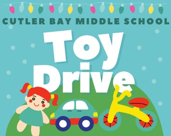 Può includere: Un poster blu e verde con il testo "Cutler Bay Middle School Toy Drive" e un candelabro, un albero di Natale, una bambola, un'auto giocattolo e una bicicletta giocattolo. Il poster indica che le donazioni sono accettate fino a venerdì 13 dicembre. Il poster indica anche "Si prega di donare giocattoli nuovi e non confezionati per i bambini locali durante questa stagione festiva."