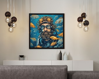 Scuba Diving Art: God of Sea Poseidon Graphic Design Instant Download Printable