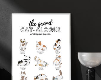 Cat Breeds Art Print: Feline Chart, Stray Cat Catalogue (Digital Download)