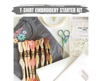 T-SHIRT EMBROIDERY STARTER Kit | Embroider Your Own Floral T-Shirt | Hand Embroidery Kit | Personalized Handmade | Sew Your Own | Sewing Kit