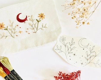 EMBROIDER YOUR Accessory Bag Celestial Embroidery Kit | Sun And Moon | Cosmetic Bag | Floral Boho | Mother’s Day Gift | Gift For Her |