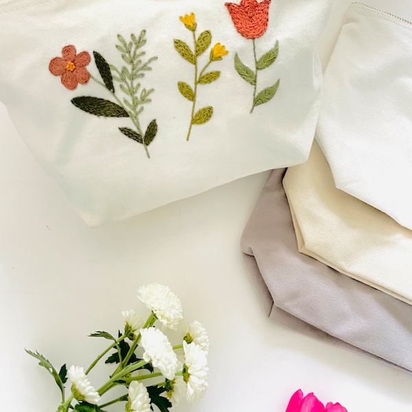 EMBROIDER YOUR OWN Accessory Bag Floral Embroidery Kit | Diy Kit | Sewing Kit | Cosmetic Bag | Crafty Gift | Mother’s Day Gift For Her |