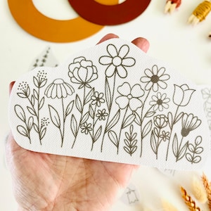 May include: A white canvas with a black outline of a floral design. The design features a variety of flowers, leaves, and stems. The canvas is being held in a hand.