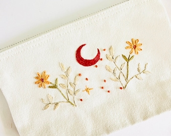 CELESTIAL EMBROIDERY KIT | Embroider Your Accessory Bag  | Sun And Moon | Cosmetic Bag | Floral Boho | Mother’s Day Gift | Gift For Her |