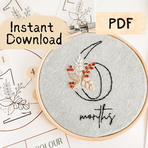Könnte beinhalten: Ein grauer Stickrahmen mit einem weißen Stoffhintergrund. Der Stoff ist mit einer schwarzen gestickten Zahl "6" mit einem Blatt- und Beerenmuster bestickt. Der Text "Monate" ist unter der Zahl gestickt. Der Rahmen befindet sich auf einer weißen Oberfläche mit einem Blatt Papier mit einer Zahl "1" und einem Blattdesign.