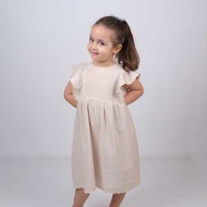 Beige Linen Girl Dress with Ruffles , Baby Girl First Birthday Dress , White Linen Dress for Toddler Girl , Baby Girl Coming Home Outfit