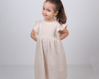 Beige Linen Girl Dress with Ruffles , Baby Girl First Birthday Dress , White Linen Dress for Toddler Girl , Baby Girl Coming Home Outfit