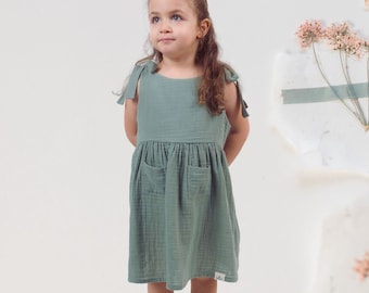 Green Cotton Tie Shoulder Detailed Dress Toddler Girl - Baby Girl Coming Home Outfit - Girl Clothes, Birthday Girl Outfit - Baby Shower Gift