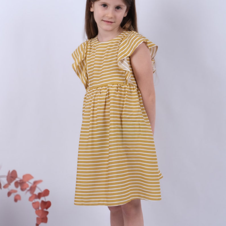 Yellow Striped Viscon Dress, Summer Toddler Baby Girl Coming Home Outfit Dress, Back Button Girl Kids Dress Baby Shower Gift for Girl image 2