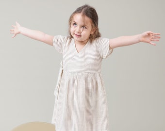 Handmade Linen Toddler Dress, Organic Cotton Blend, Striped Boho Chic