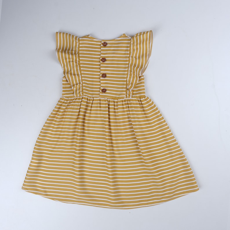 Yellow Striped Viscon Dress, Summer Toddler Baby Girl Coming Home Outfit Dress, Back Button Girl Kids Dress Baby Shower Gift for Girl image 4