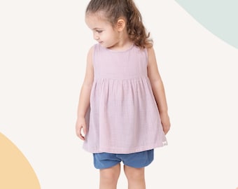 Handmade Organic Cotton Baby Outfit – Lilac Dress & Blue Shorts Set