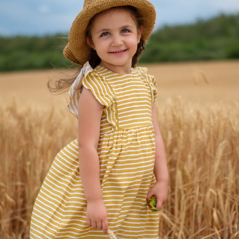 Yellow Striped Viscon Dress, Summer Toddler Baby Girl Coming Home Outfit Dress, Back Button Girl Kids Dress Baby Shower Gift for Girl image 1