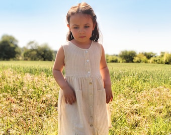 White Linen Sleeveless Dress for Toddler Girl with Buttons - Baby Girl 1st Birthday Dress - Baby Girl Coming Home Outfit - Baby Shower Gift