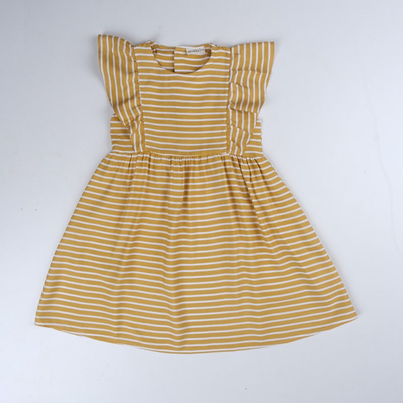 Yellow Striped Viscon Dress, Summer Toddler Baby Girl Coming Home Outfit Dress, Back Button Girl Kids Dress Baby Shower Gift for Girl image 3