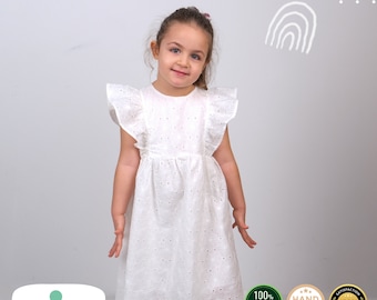 White Flower Embroidered Girl Dress with Ruffles , White Linen Dress for Toddler Girl, Baby Girl First Birthday Dress , Girls Dress Ruffles