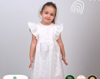 Embroidered White Organic Cotton Flower Girl Dress with Ruffles