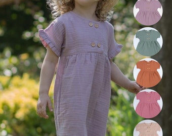 Organic Cotton Baby Dress, Linen Toddler Girl Outfit, Button Detail
