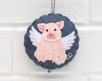 Handstitched FLYING PIG ornament, handmade wool applique gift