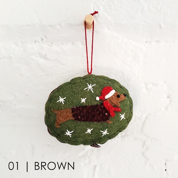Handmade DACHSHUND ornament, handstitched wool applique wiener dog lover present